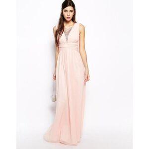 Chi Chi London pale baby pink plunge jewel embellished bridesmaid maxi dress